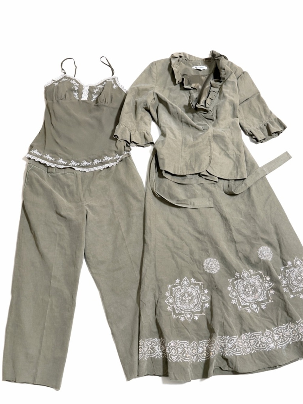Peter Nygard Olive Green Four-Piece Embroidered Skirt/Pant Set